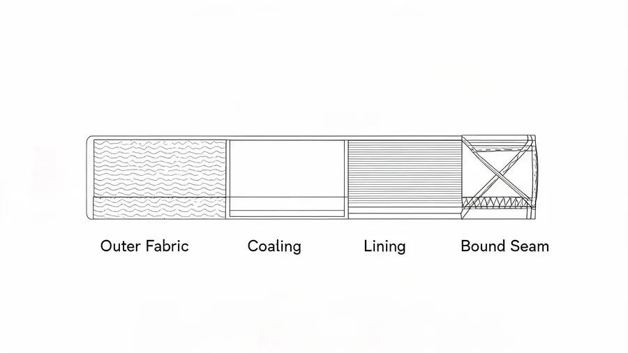 Cross-section diagram of beach bag coating, liner and seam construction