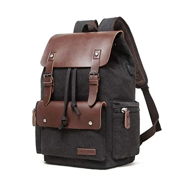 Unisex Vintage Leather Backpack & Denim Canvas Laptop Rucksack - BB-4517